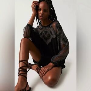 NWOT Free People Toni Sheer Embroidered Crochet Lace Thermal Top size xs